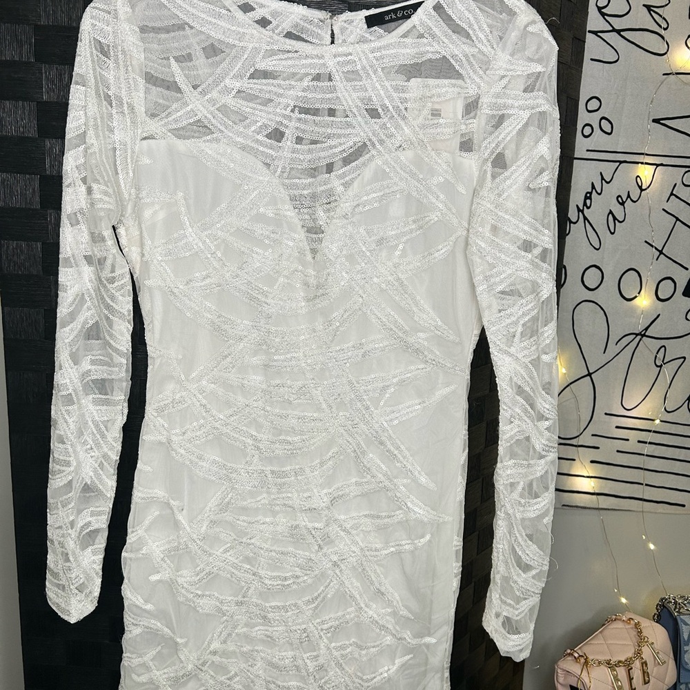 White Long Sleeve Sequin Dress - Picture 2 of 6
